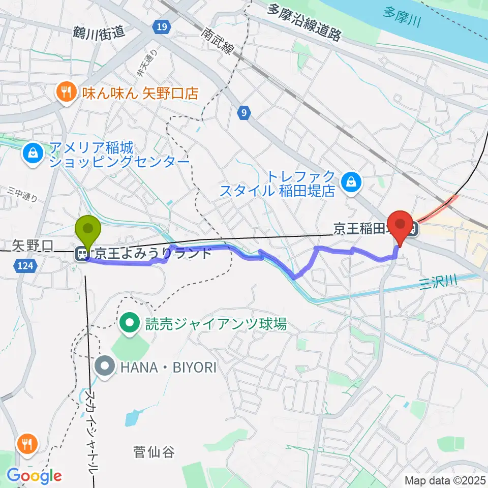 京王よみうりランド駅から京王稲田堤音楽センターへのルートマップ地図