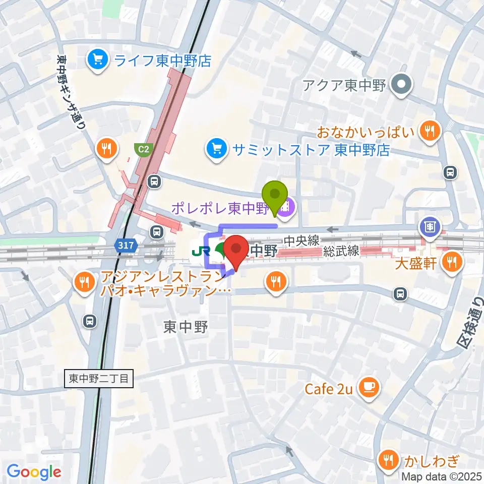 東中野 作曲塾の最寄駅東中野駅からの徒歩ルート（約1分）地図