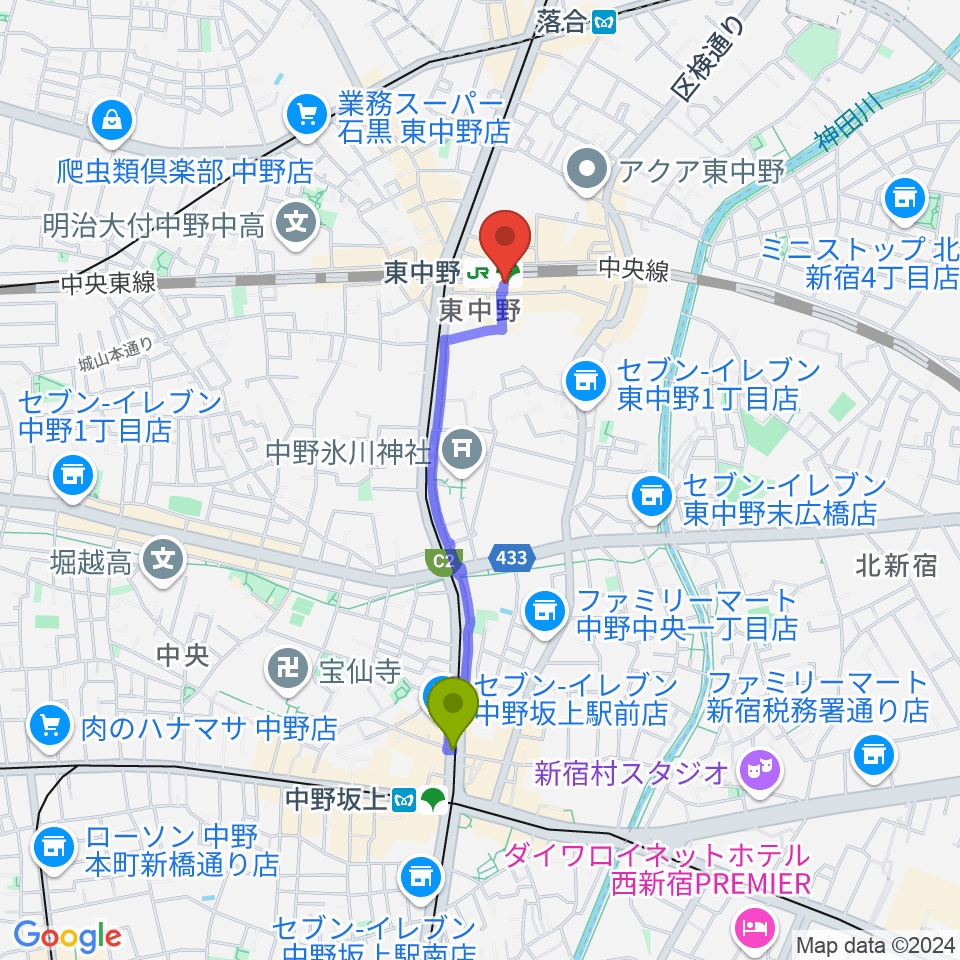 中野坂上駅から東中野 作曲塾へのルートマップ地図