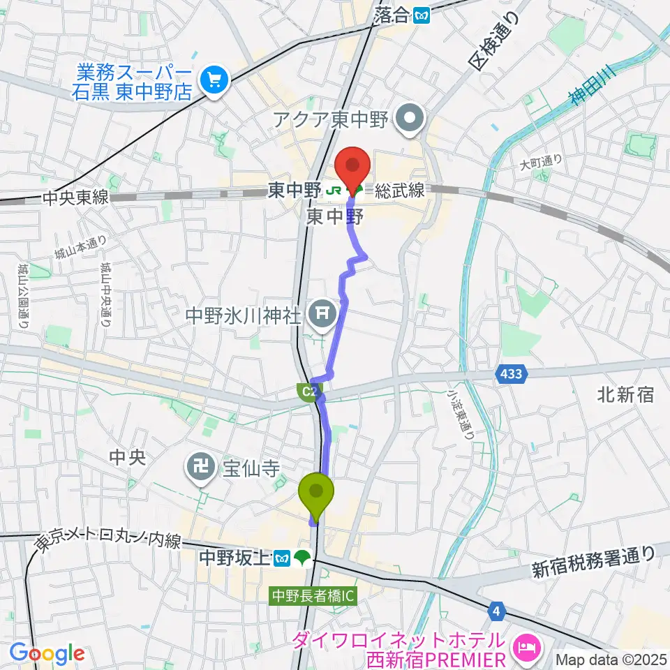 中野坂上駅から東中野 作曲塾へのルートマップ地図