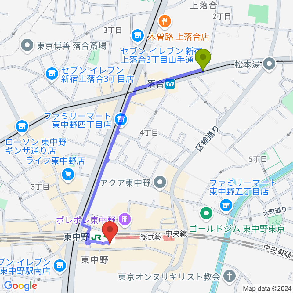 落合駅から東中野 作曲塾へのルートマップ地図