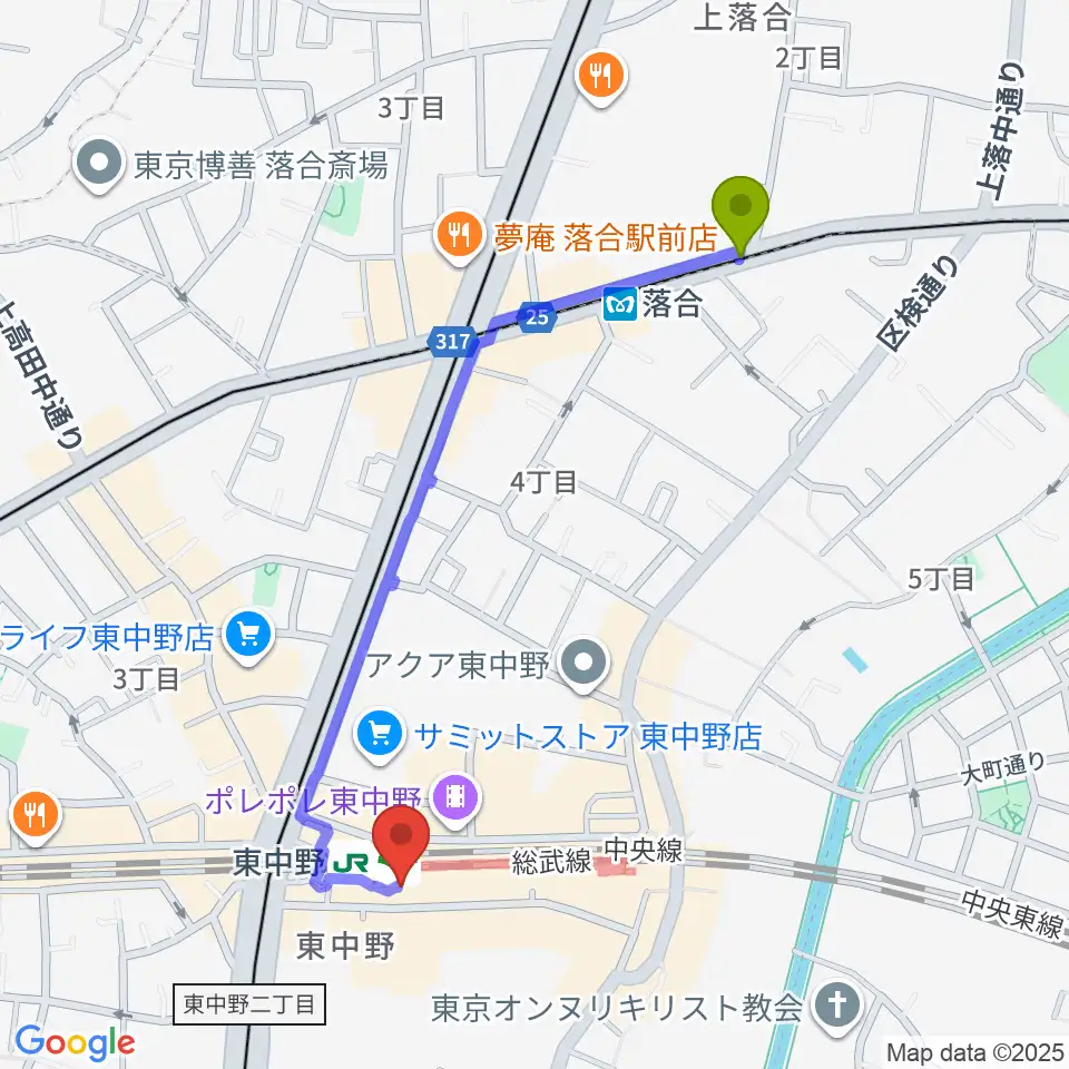 落合駅から東中野 作曲塾へのルートマップ地図