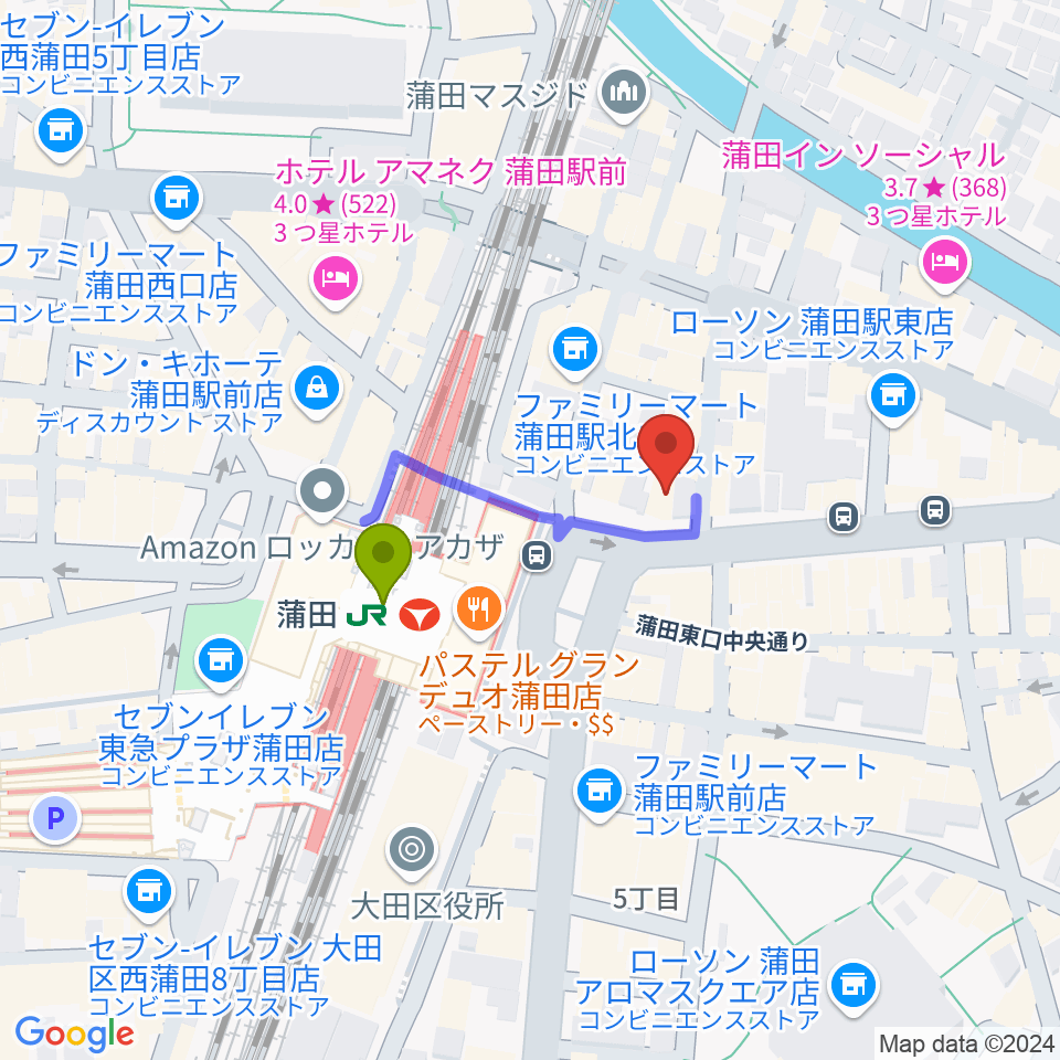 スター楽器ミュージックスクエアカマタの最寄駅蒲田駅からの徒歩ルート（約2分）地図