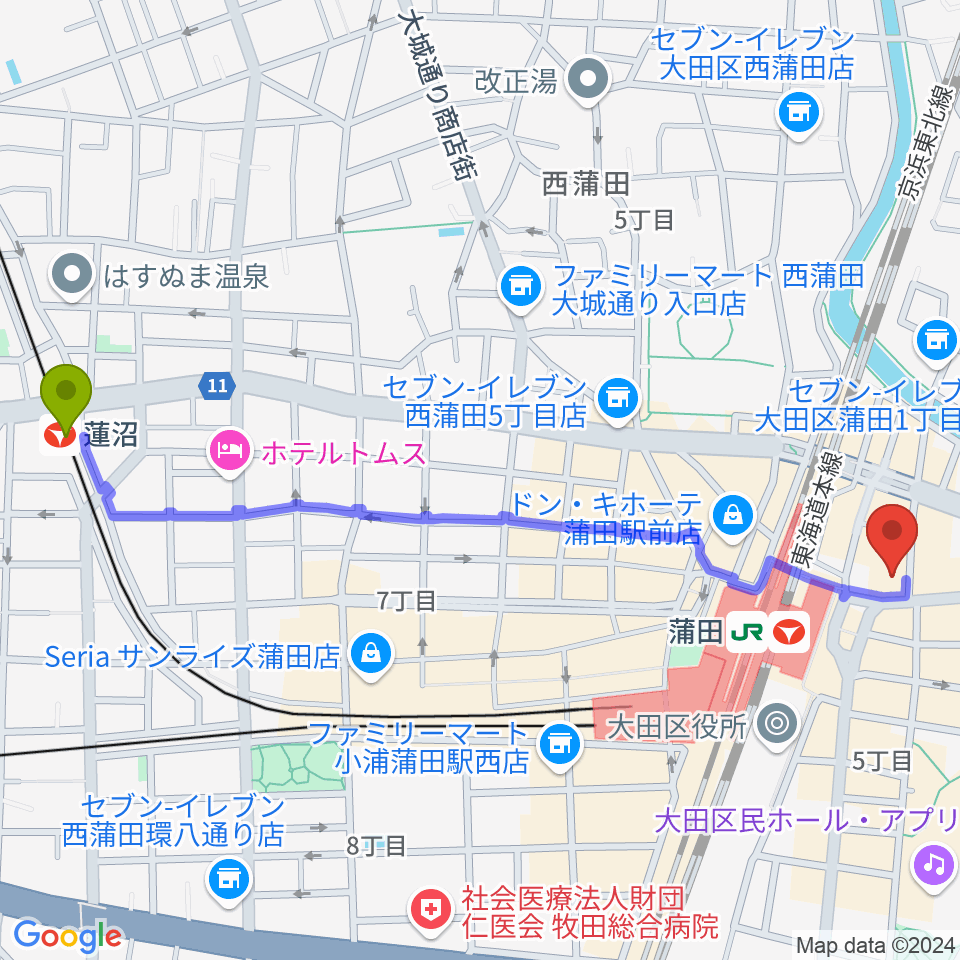 蓮沼駅からスター楽器ミュージックスクエアカマタへのルートマップ地図