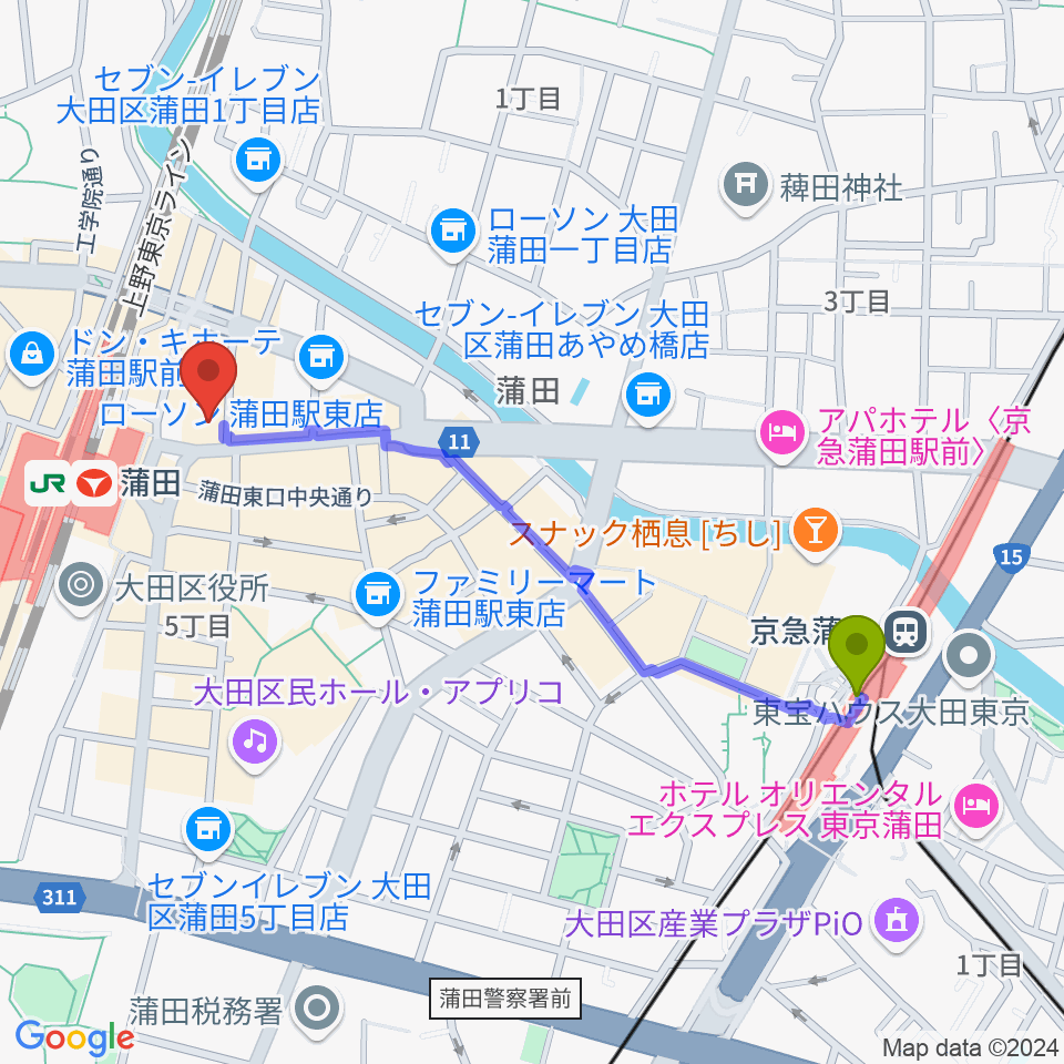 京急蒲田駅からスター楽器ミュージックスクエアカマタへのルートマップ地図