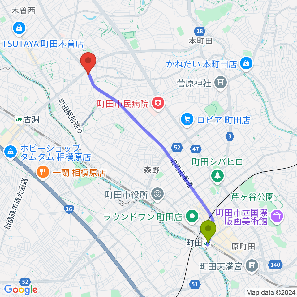 町田駅からフランツ音楽研究所へのルートマップ地図