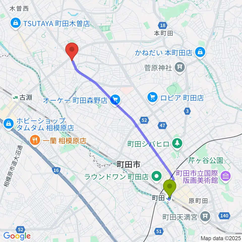 町田駅からフランツ音楽研究所へのルートマップ地図