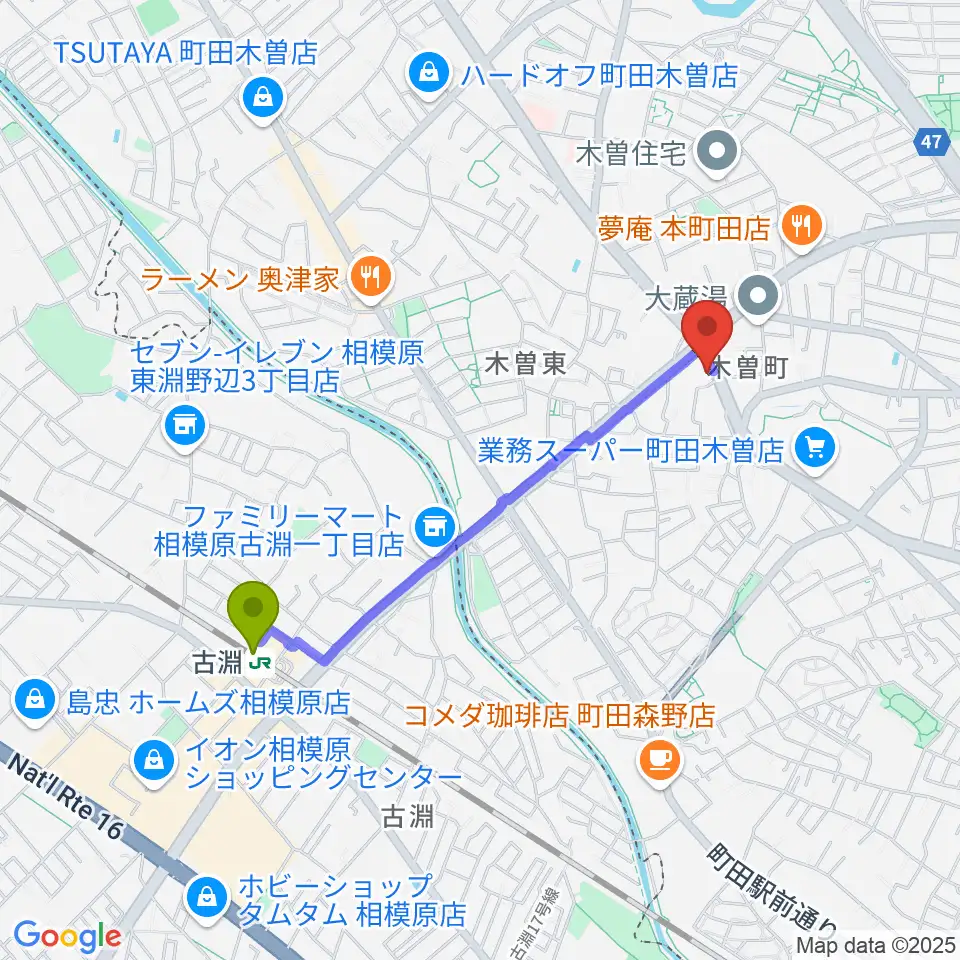 フランツ音楽研究所の最寄駅古淵駅からの徒歩ルート（約17分）地図