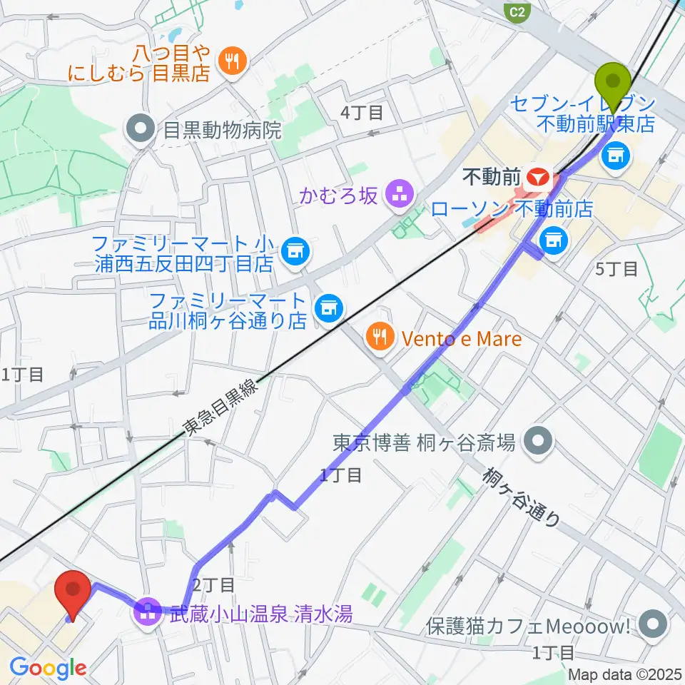 不動前駅から心弦二胡教室へのルートマップ地図
