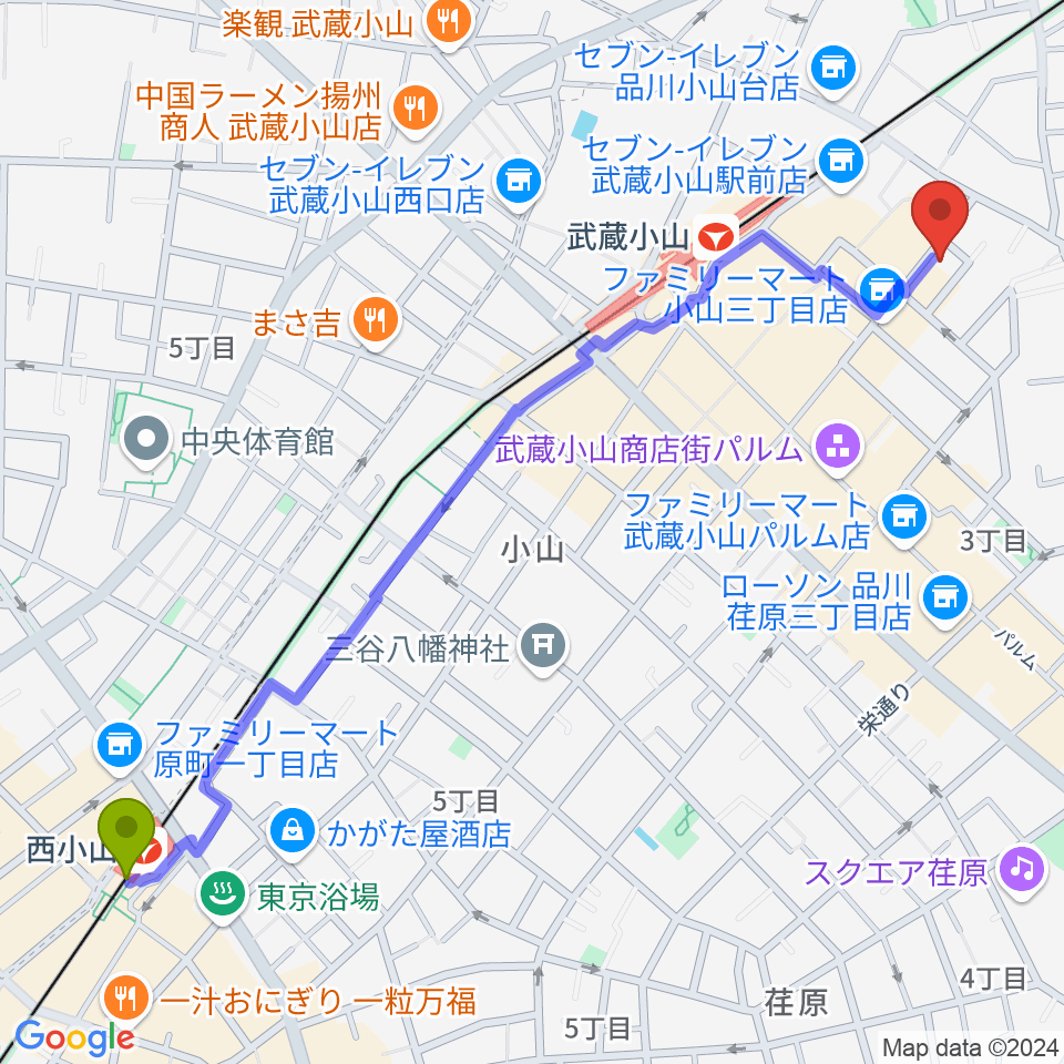 西小山駅から心弦二胡教室へのルートマップ地図