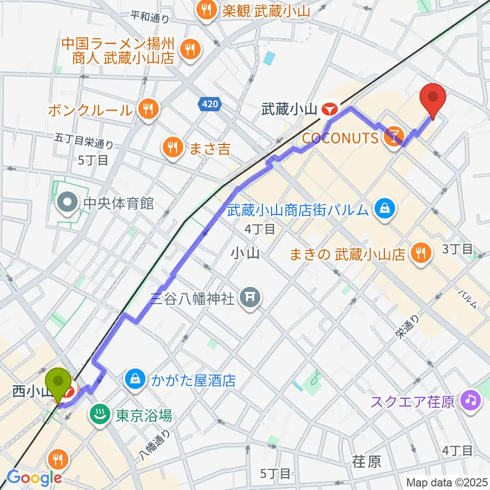 西小山駅から心弦二胡教室へのルートマップ地図