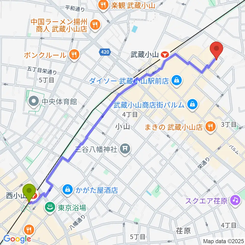 西小山駅から心弦二胡教室へのルートマップ地図