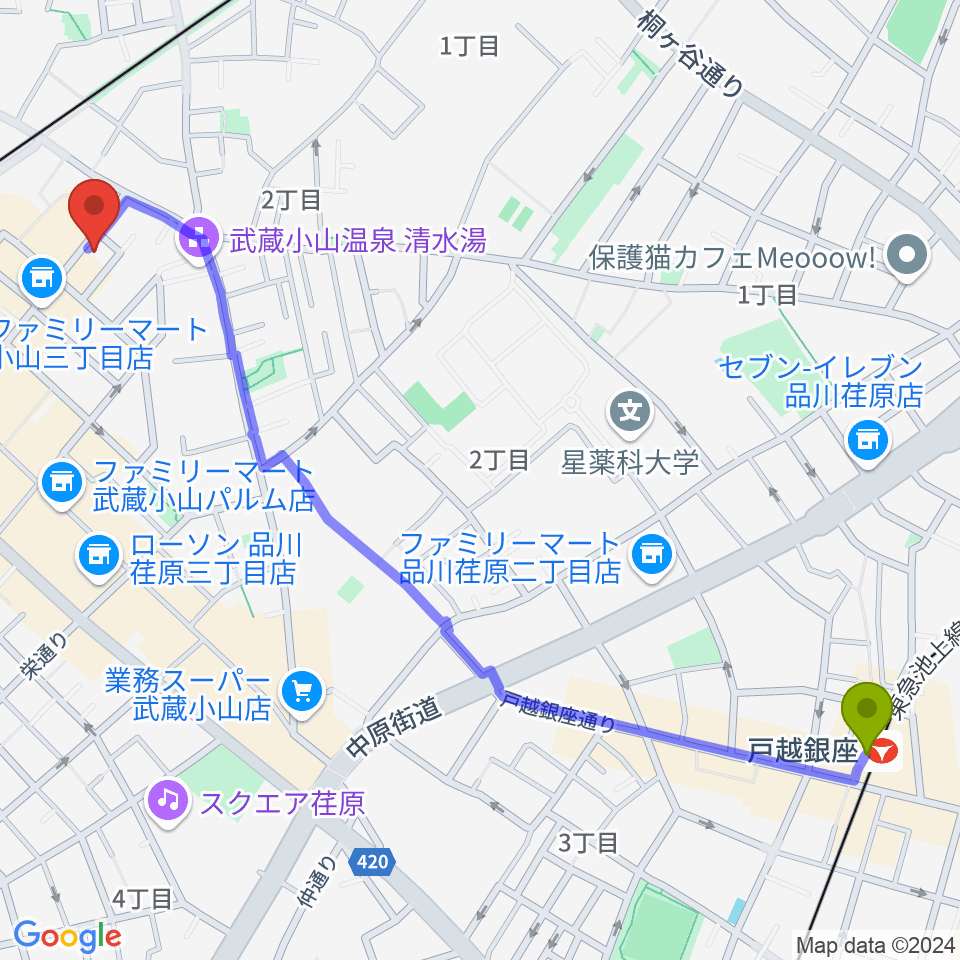 戸越銀座駅から心弦二胡教室へのルートマップ地図