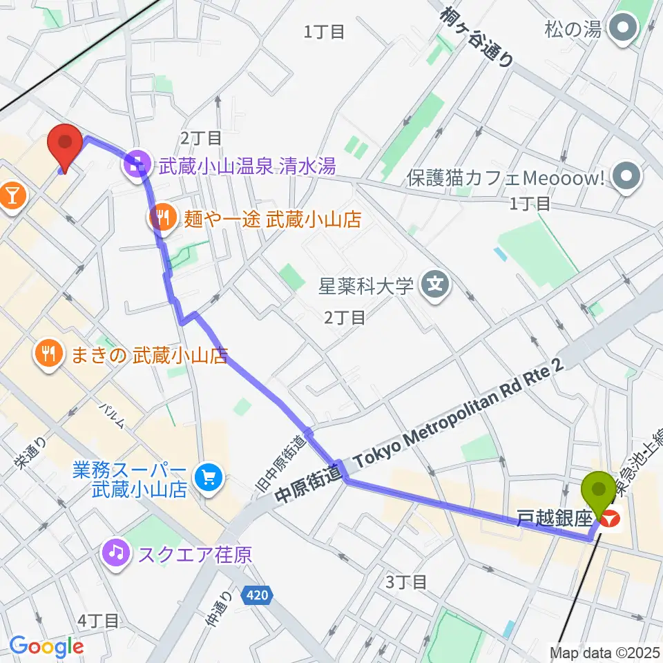 戸越銀座駅から心弦二胡教室へのルートマップ地図