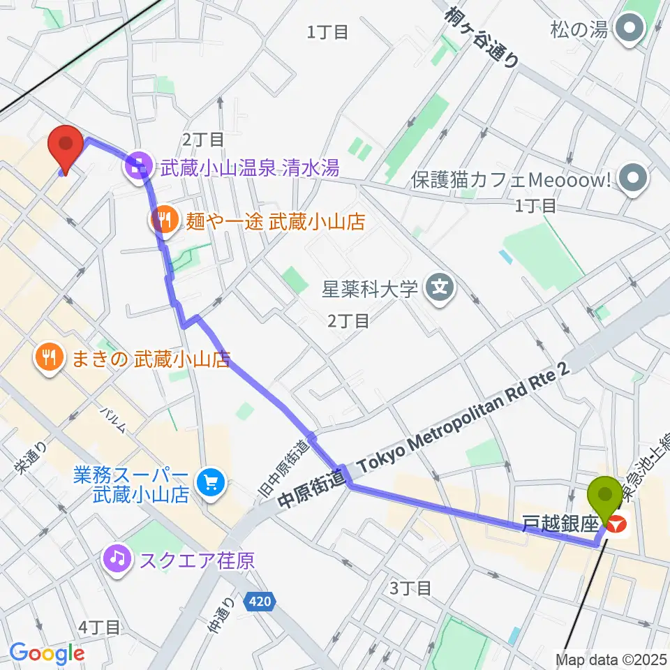 戸越銀座駅から心弦二胡教室へのルートマップ地図