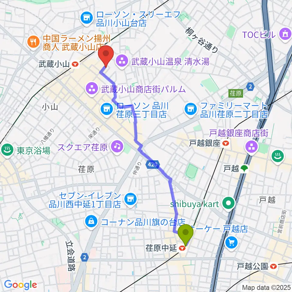 荏原中延駅から心弦二胡教室へのルートマップ地図