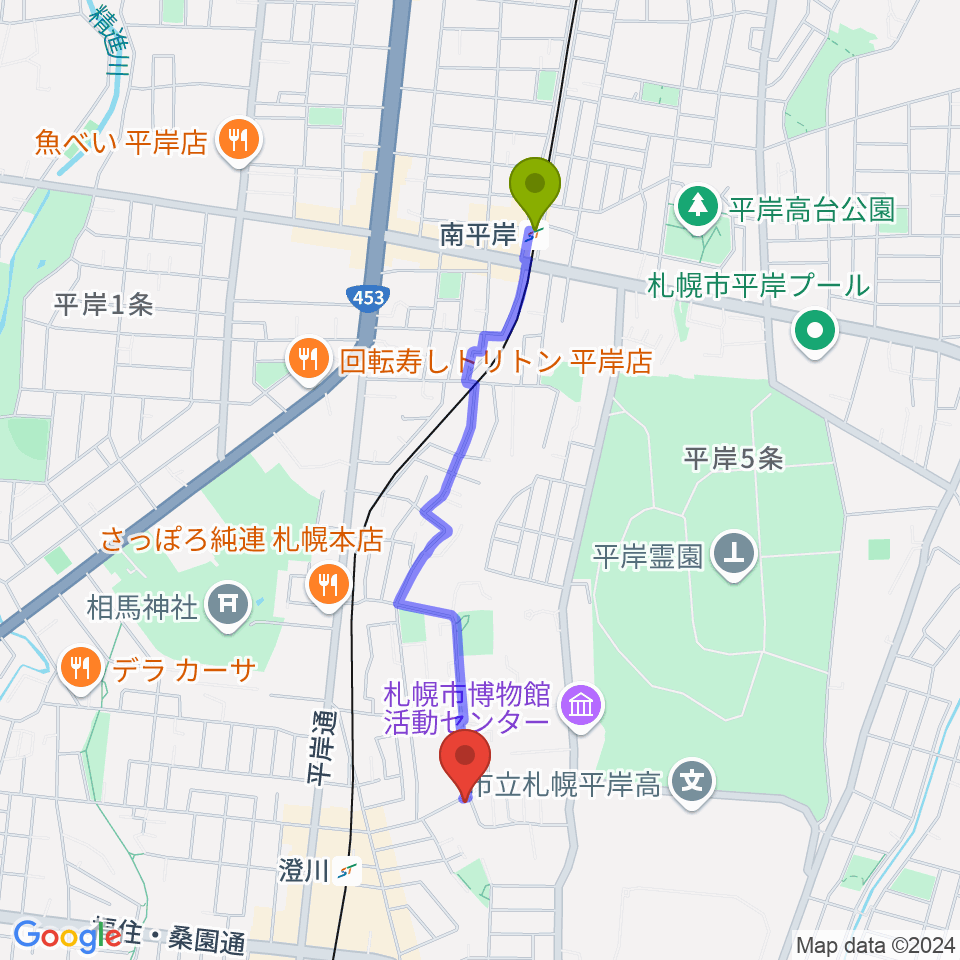 南平岸駅から札幌コンセルヴァトワールへのルートマップ地図