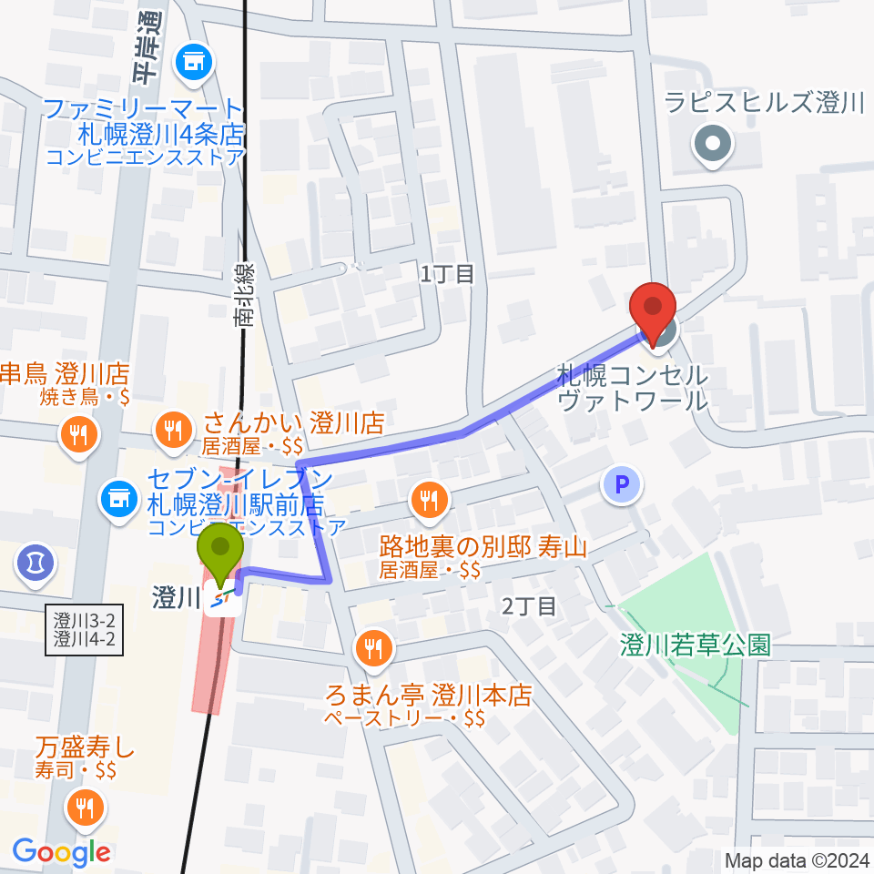 札幌コンセルヴァトワールの最寄駅澄川駅からの徒歩ルート（約4分）地図