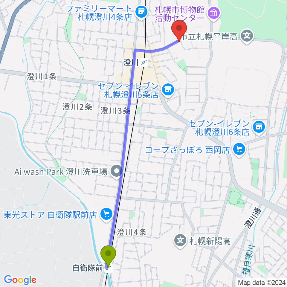 自衛隊前駅から札幌コンセルヴァトワールへのルートマップ地図