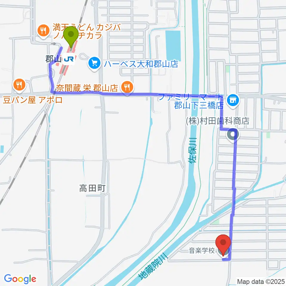 たんと音楽教室の最寄駅郡山駅からの徒歩ルート（約14分）地図