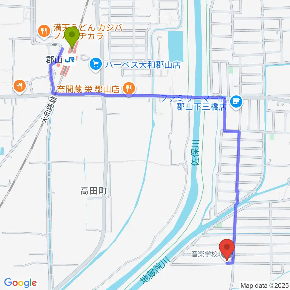 たんと音楽教室の最寄駅郡山駅からの徒歩ルート（約14分）地図
