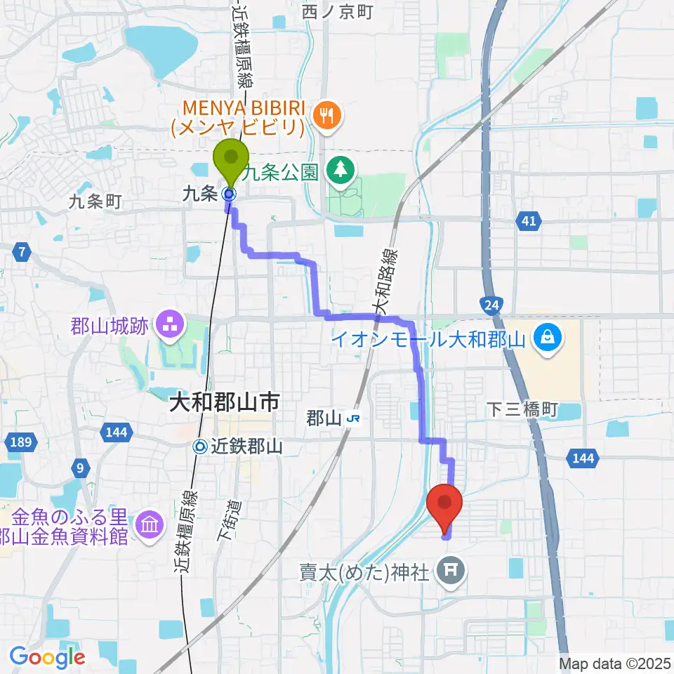 九条駅からたんと音楽教室へのルートマップ地図