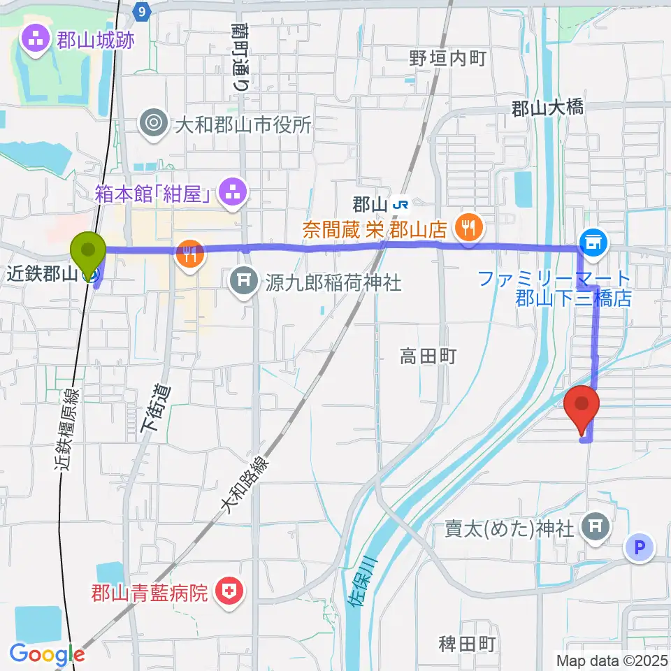 近鉄郡山駅からたんと音楽教室へのルートマップ地図