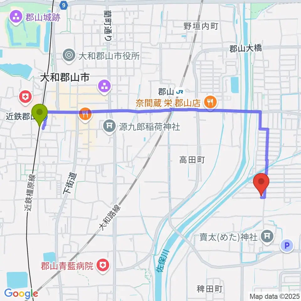 近鉄郡山駅からたんと音楽教室へのルートマップ地図