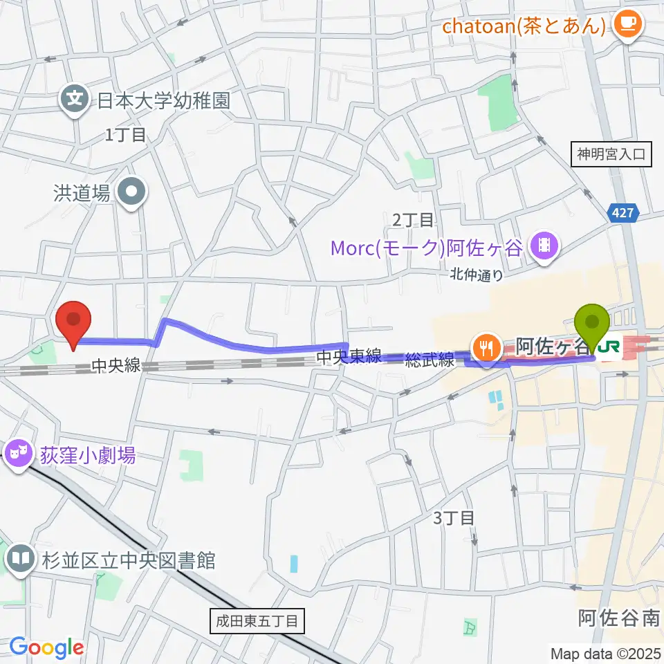 阿佐ケ谷駅からインド音楽教室J.I.N.へのルートマップ地図