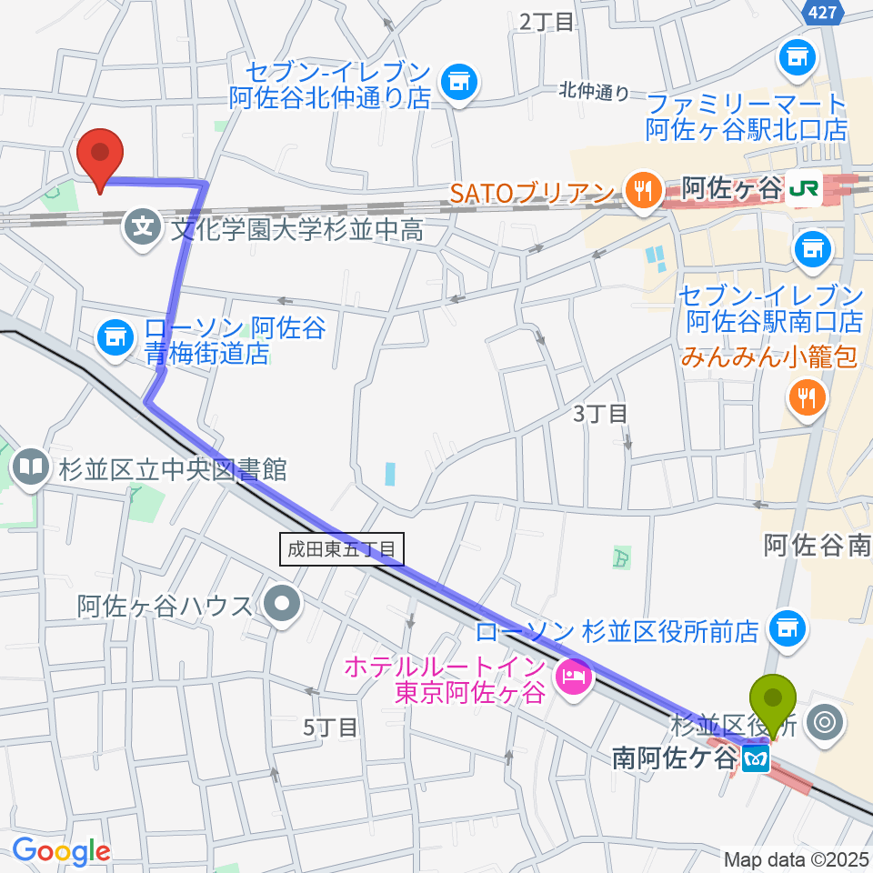 南阿佐ケ谷駅からインド音楽教室J.I.N.へのルートマップ地図