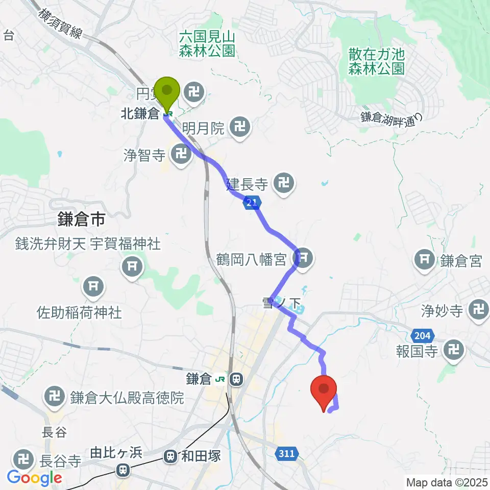 北鎌倉駅からSIFレコーディングスタジオへのルートマップ地図