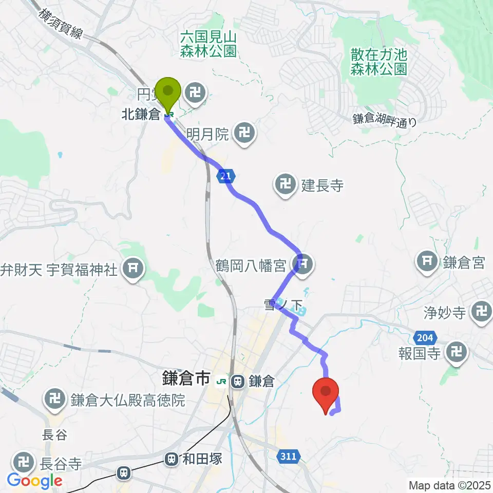 北鎌倉駅からSIFレコーディングスタジオへのルートマップ地図