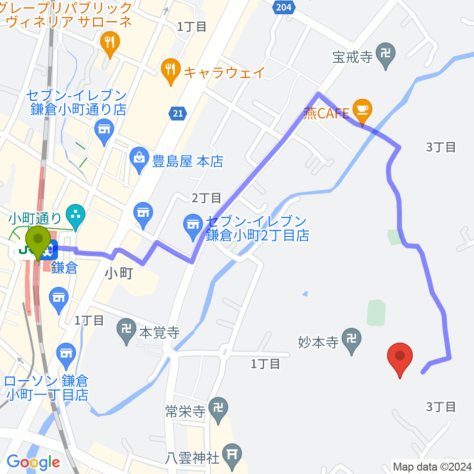 SIFレコーディングスタジオの最寄駅鎌倉駅からの徒歩ルート（約13分）地図