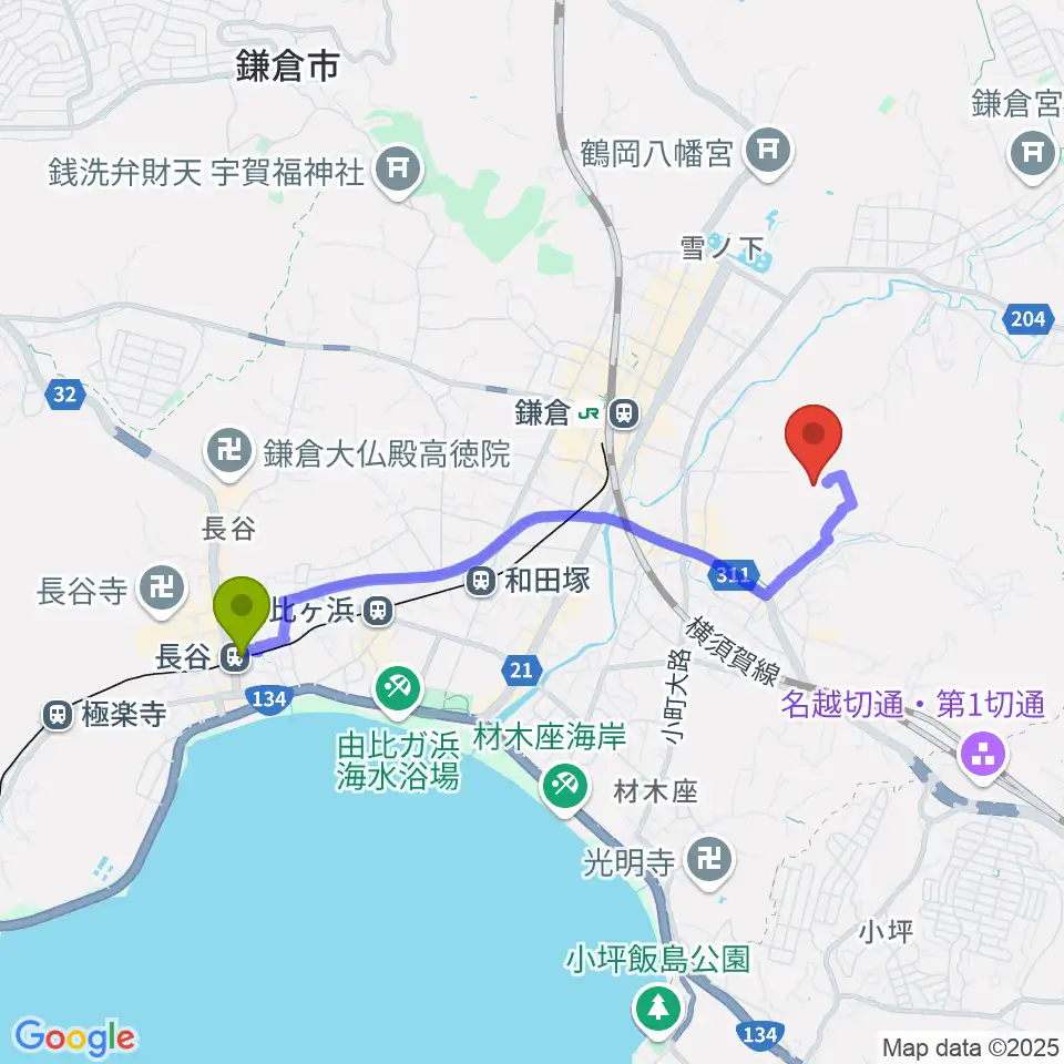 長谷駅からSIFレコーディングスタジオへのルートマップ地図