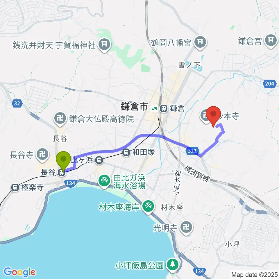 長谷駅からSIFレコーディングスタジオへのルートマップ地図