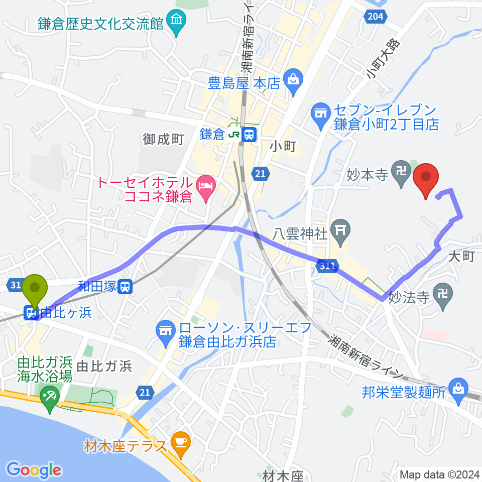 由比ヶ浜駅からSIFレコーディングスタジオへのルートマップ地図