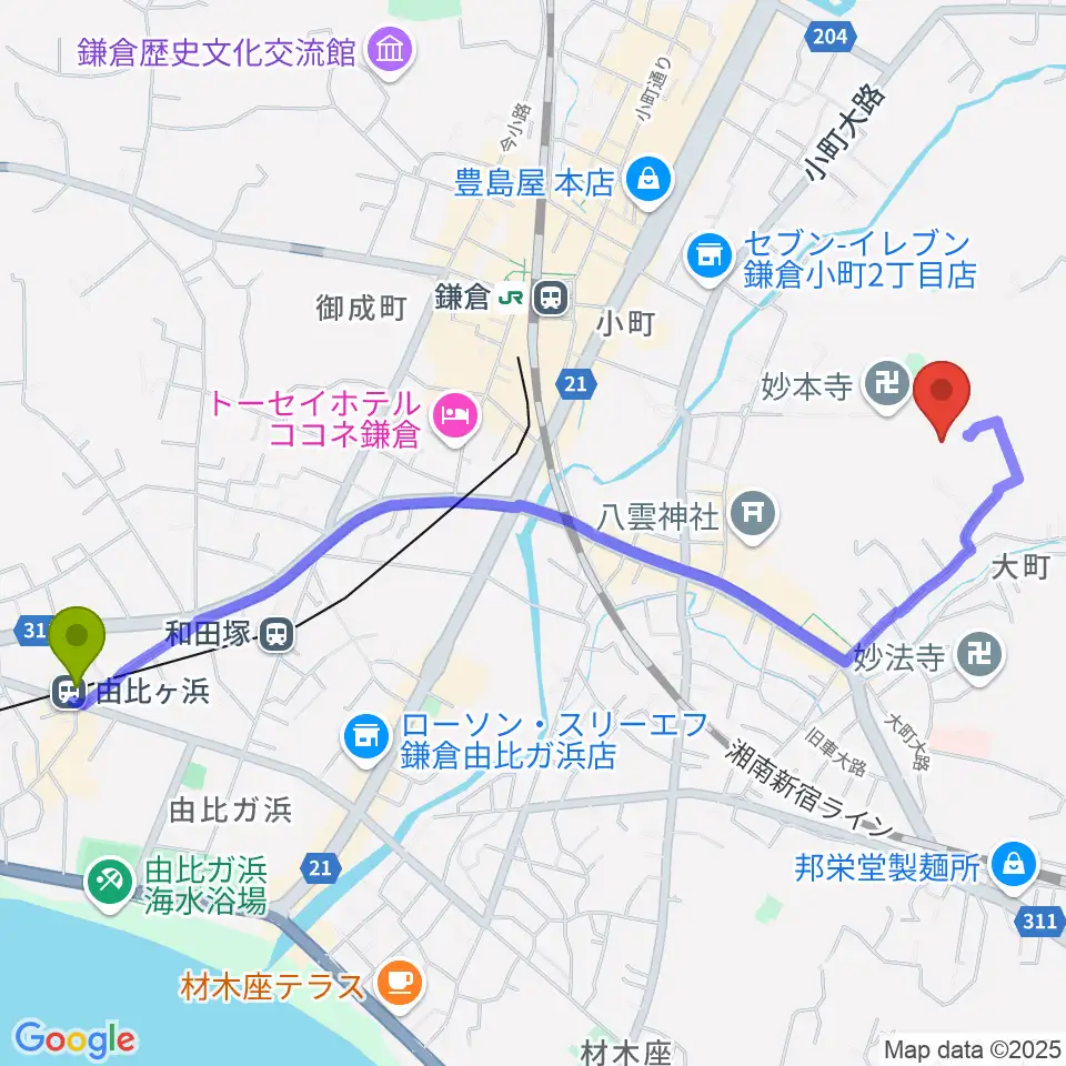 由比ヶ浜駅からSIFレコーディングスタジオへのルートマップ地図