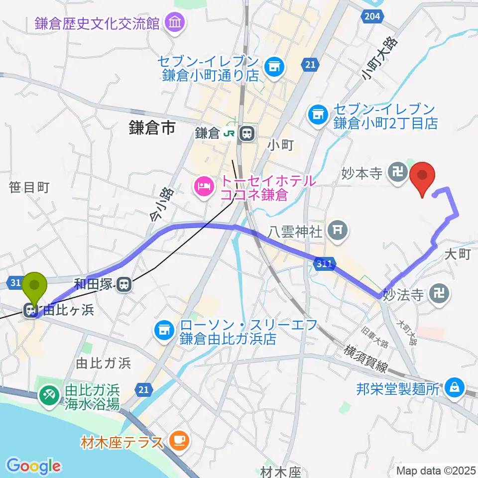 由比ヶ浜駅からSIFレコーディングスタジオへのルートマップ地図