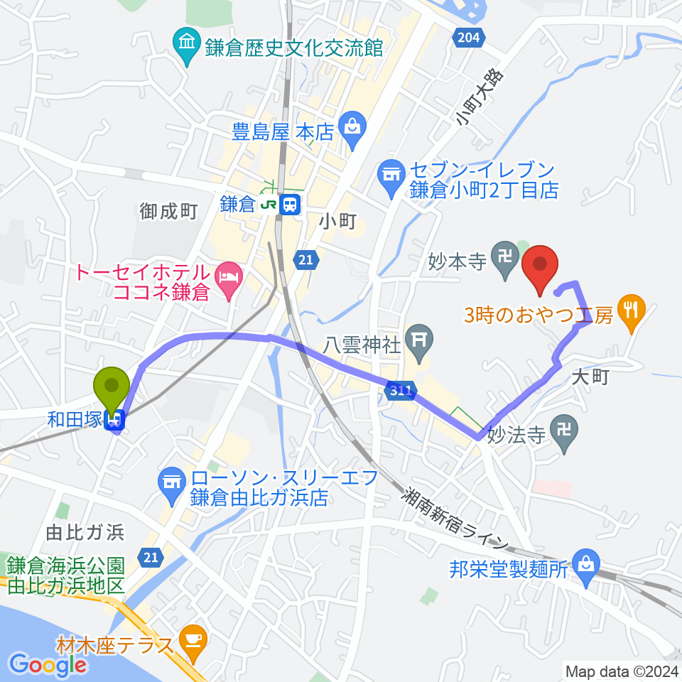 和田塚駅からSIFレコーディングスタジオへのルートマップ地図