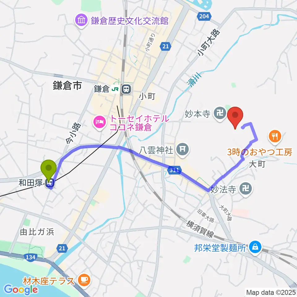 和田塚駅からSIFレコーディングスタジオへのルートマップ地図