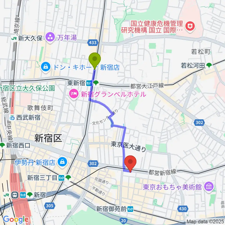 東新宿駅から新宿WildSideTokyoへのルートマップ地図