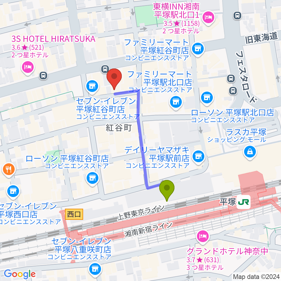 パプリカミュージックスタジオの最寄駅平塚駅からの徒歩ルート（約3分）地図