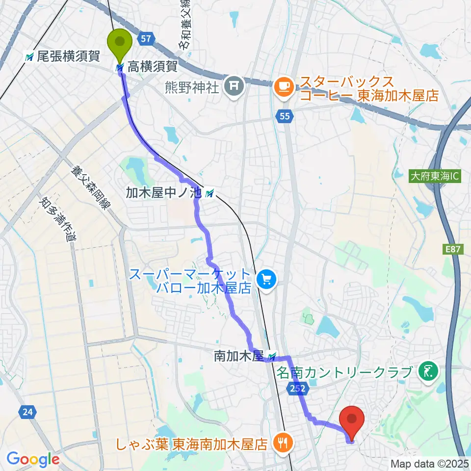 高横須賀駅から榊原ギター工房へのルートマップ地図