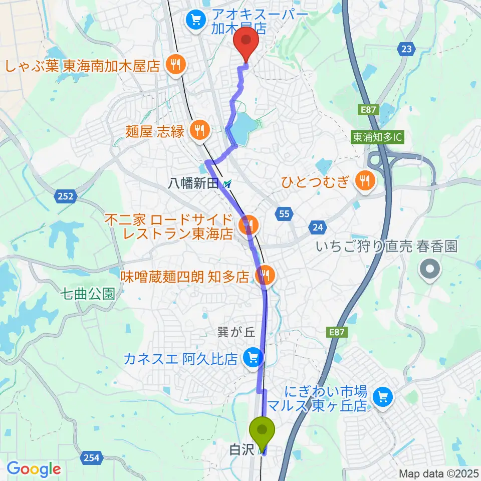 白沢駅から榊原ギター工房へのルートマップ地図