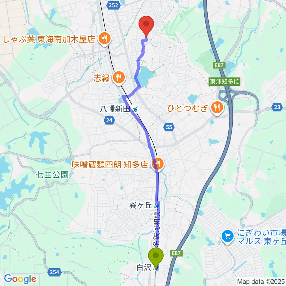 白沢駅から榊原ギター工房へのルートマップ地図