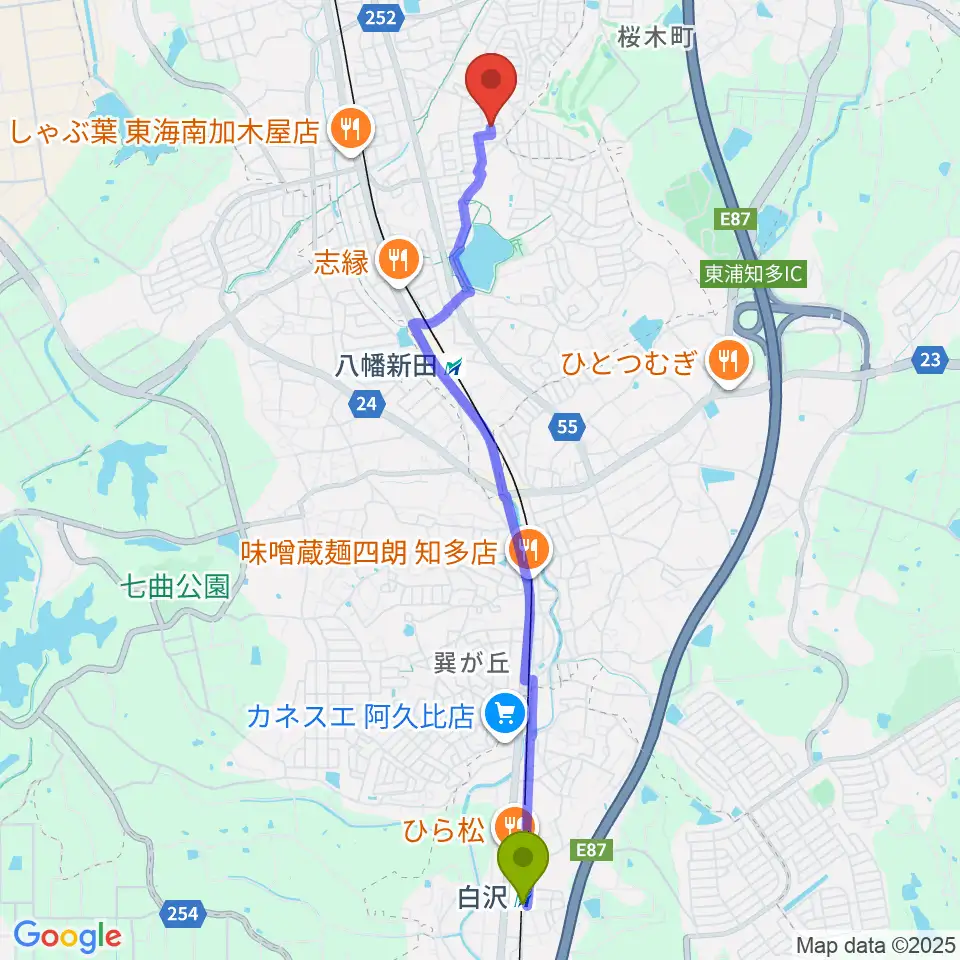 白沢駅から榊原ギター工房へのルートマップ地図