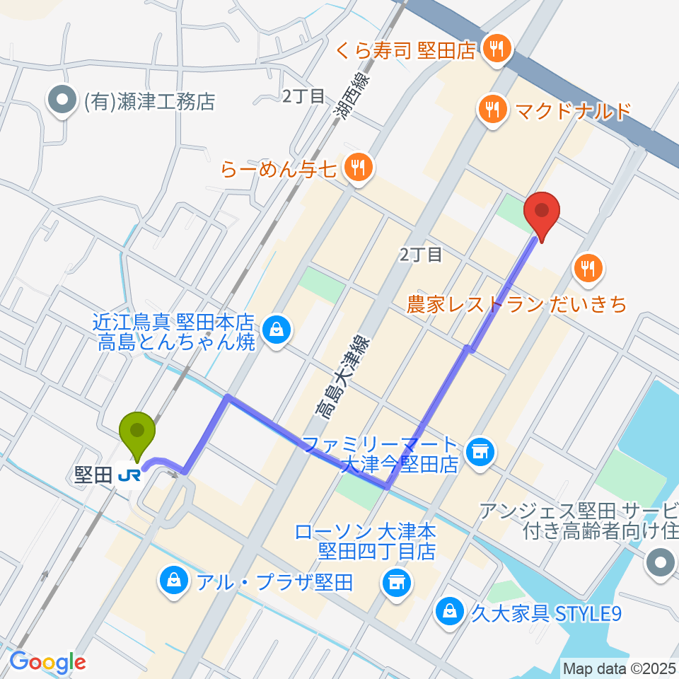 沖縄三線 和於屋の最寄駅堅田駅からの徒歩ルート（約11分）地図