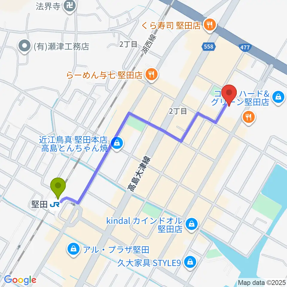 沖縄三線 和於屋の最寄駅堅田駅からの徒歩ルート（約11分）地図