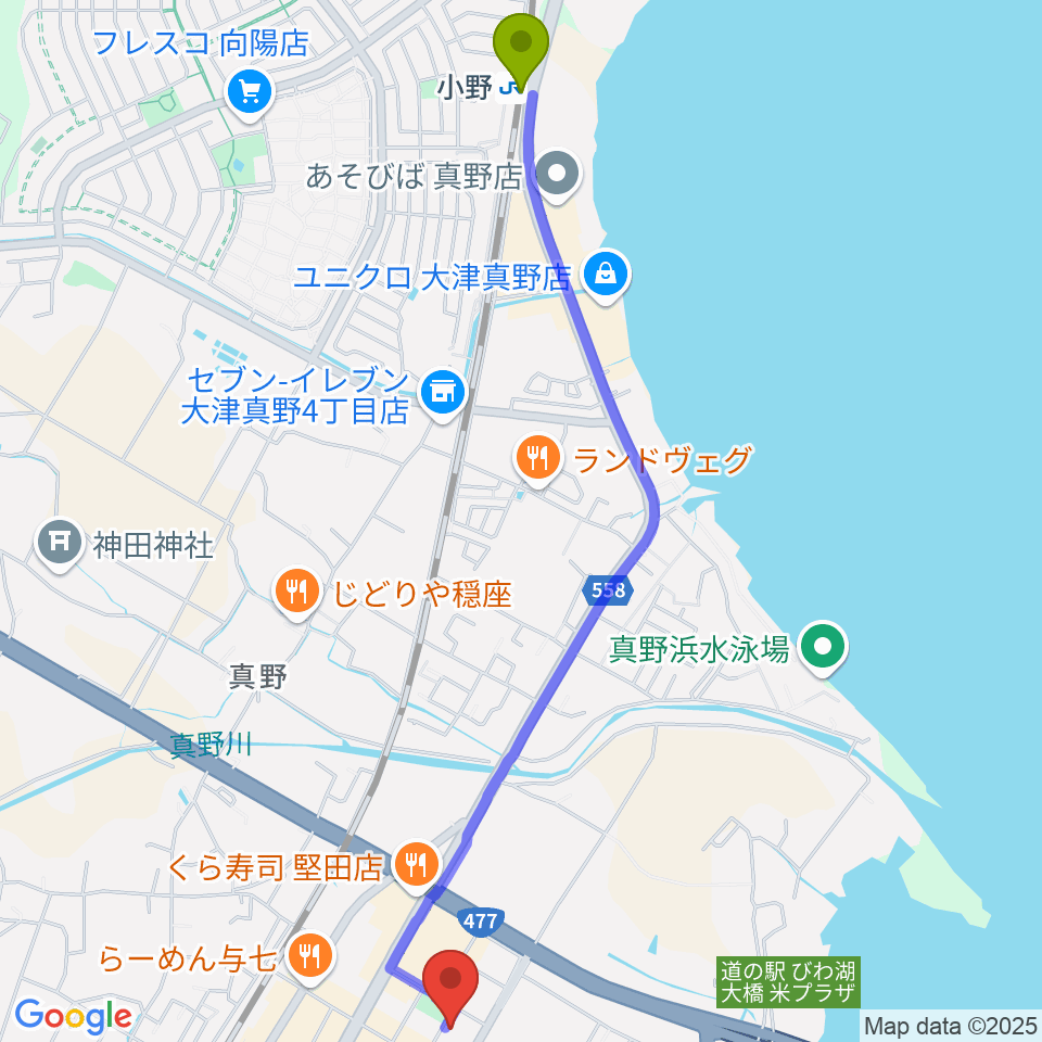 小野駅から沖縄三線 和於屋へのルートマップ地図