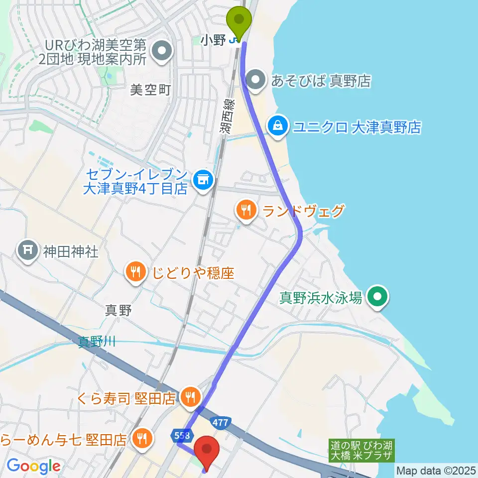小野駅から沖縄三線 和於屋へのルートマップ地図